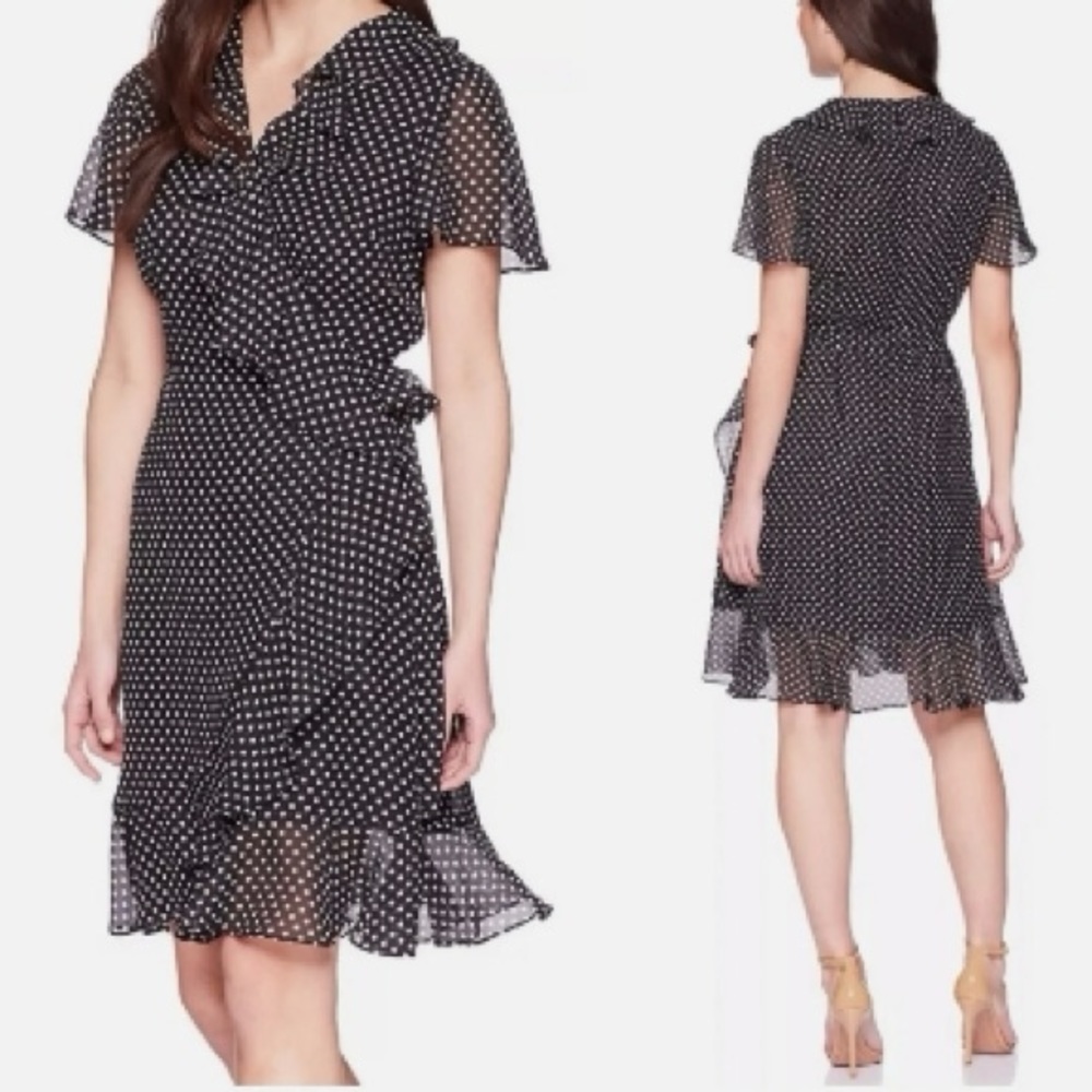 TAHARI BLACK WHITE‎ RUFFLE WRAP POLKA DOT DRESS SHORT SLEEVE SIZE 14